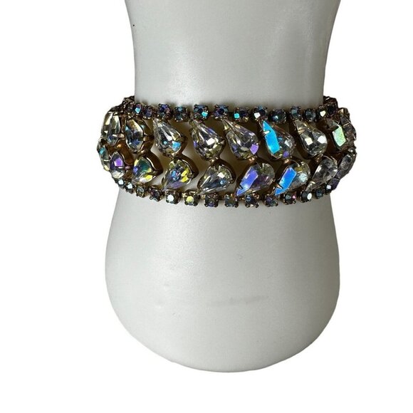 VTG Weiss Bracelet Size 7.5 Double Row Rainbow AB Rhinestones Gold Plated Signed - Picture 4 of 12